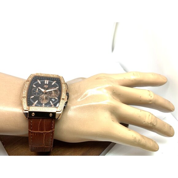 JBW Men's Watch J6379D Echelon Diamond Quartz Black Dial Rose Gold Brown Leather - Picture 5 of 15